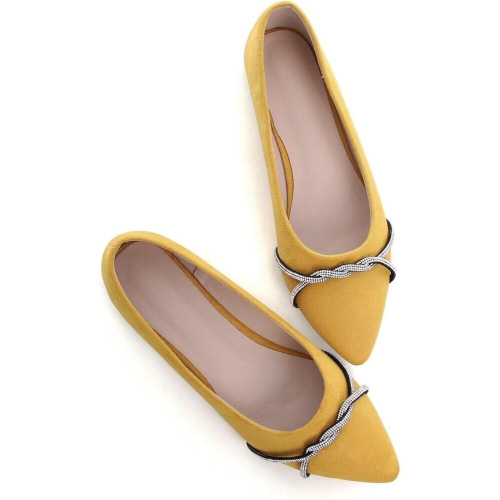 Women's Yellow Casual Flats Fashion Chain Pointed Toe Ballet Flat Rhinestone - Picture 4 of 7